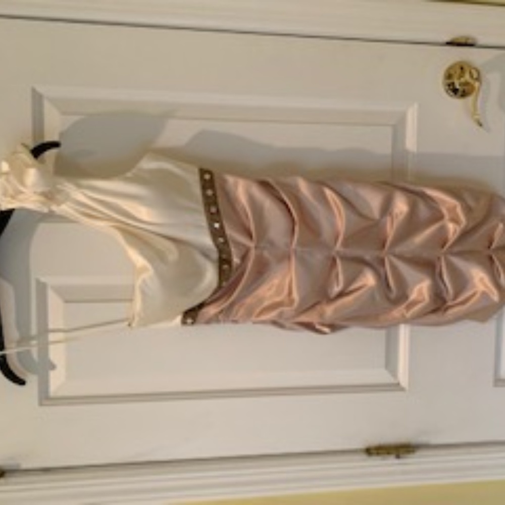 Ivory and Blush tan satin one-shoulder mini dress